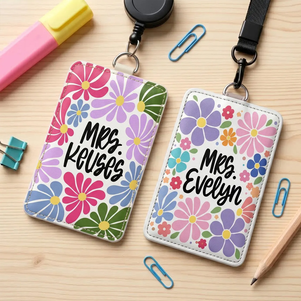 Custom Retro Daisy Teacher ID Badge Holder with Name, Colorful Boho Flower Card Sleeve, Teacher Office Staff Work Pass, Gift for Educators/Coworkers