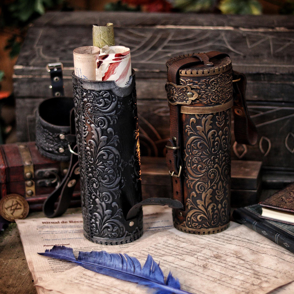 Ornate Leather Scroll Holder Premium Leather Scroll Case for LARP Medieval Document Tube Renaissance Faires Fantasy Decor & Luxury Gifting