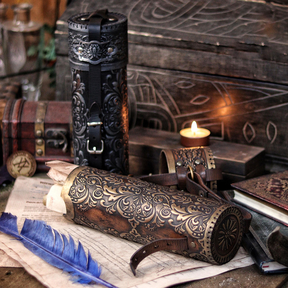 Ornate Leather Scroll Holder Premium Leather Scroll Case for LARP Medieval Document Tube Renaissance Faires Fantasy Decor & Luxury Gifting