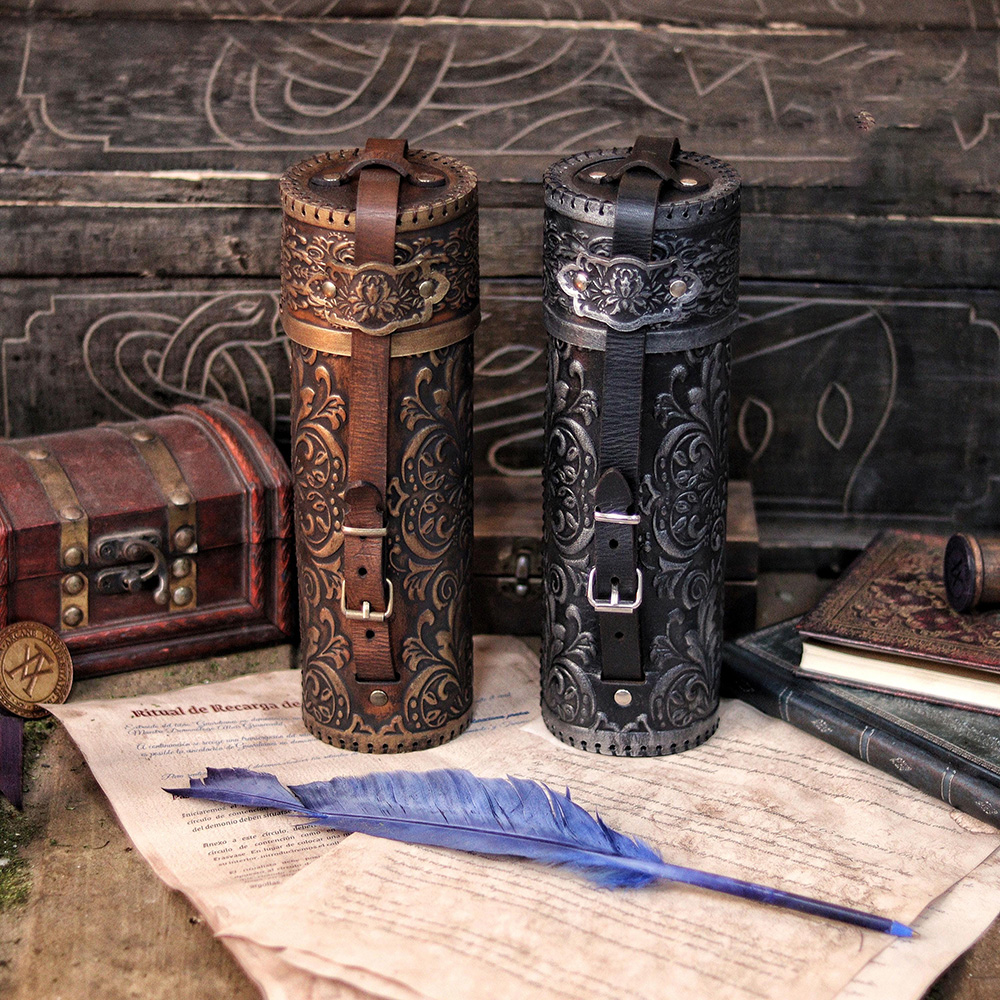 Ornate Leather Scroll Holder Premium Leather Scroll Case for LARP Medieval Document Tube Renaissance Faires Fantasy Decor & Luxury Gifting
