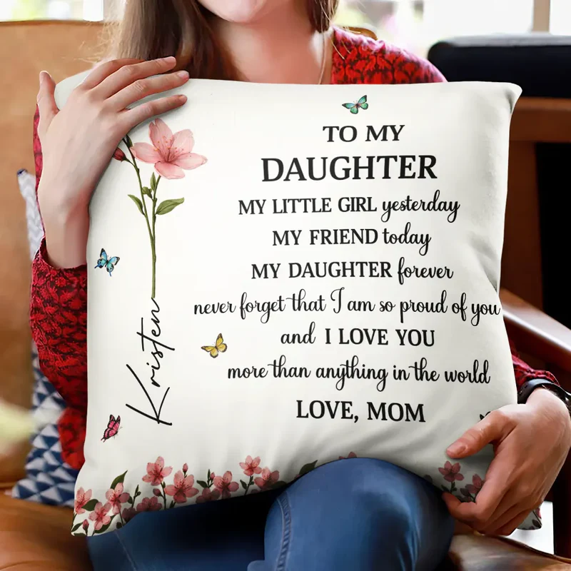 Faux Pressed Birth Flower My Daughter Forever, Personalized Pillow