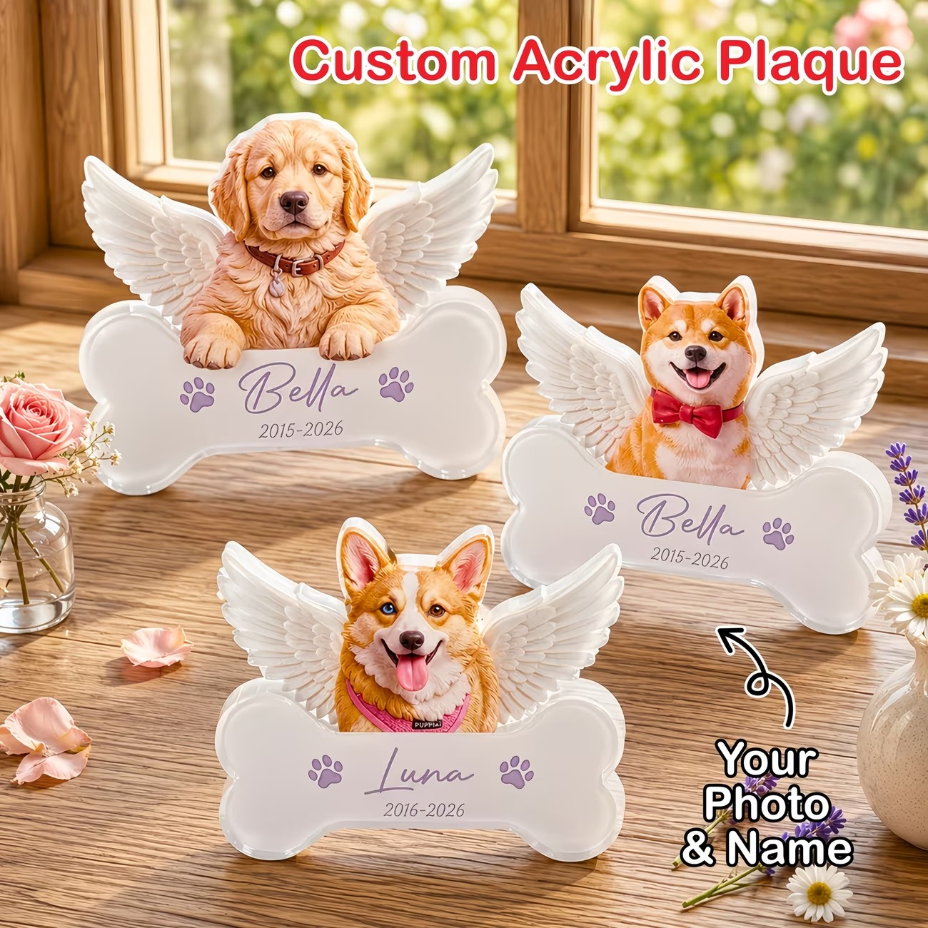 Custom Photo Pet Memorial Acrylic Plaque with Name, Angel Wing Bone‑Shape Tabletop Ornament, Tabletop Keepsake Decor, Gift for Pet Owners/Him/Her