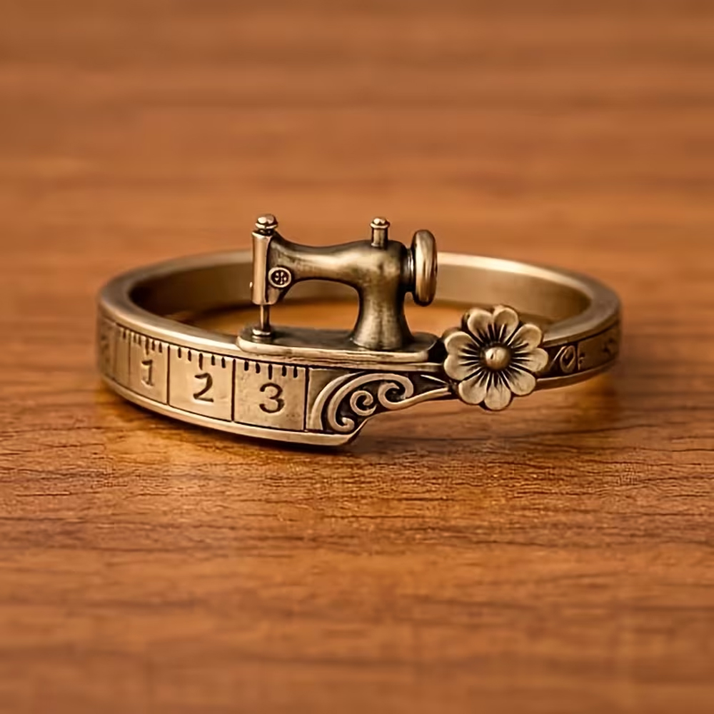 🎁Personalized Women's Retro Imitation Tailor Ring, Mini Sewing Machine And Engraved Ruler, Blooming Flower Design, Seamstress Craft Lover Jewelry, Versatile Retro Design For Casual Outfits, Craft Events, Everyday Wear