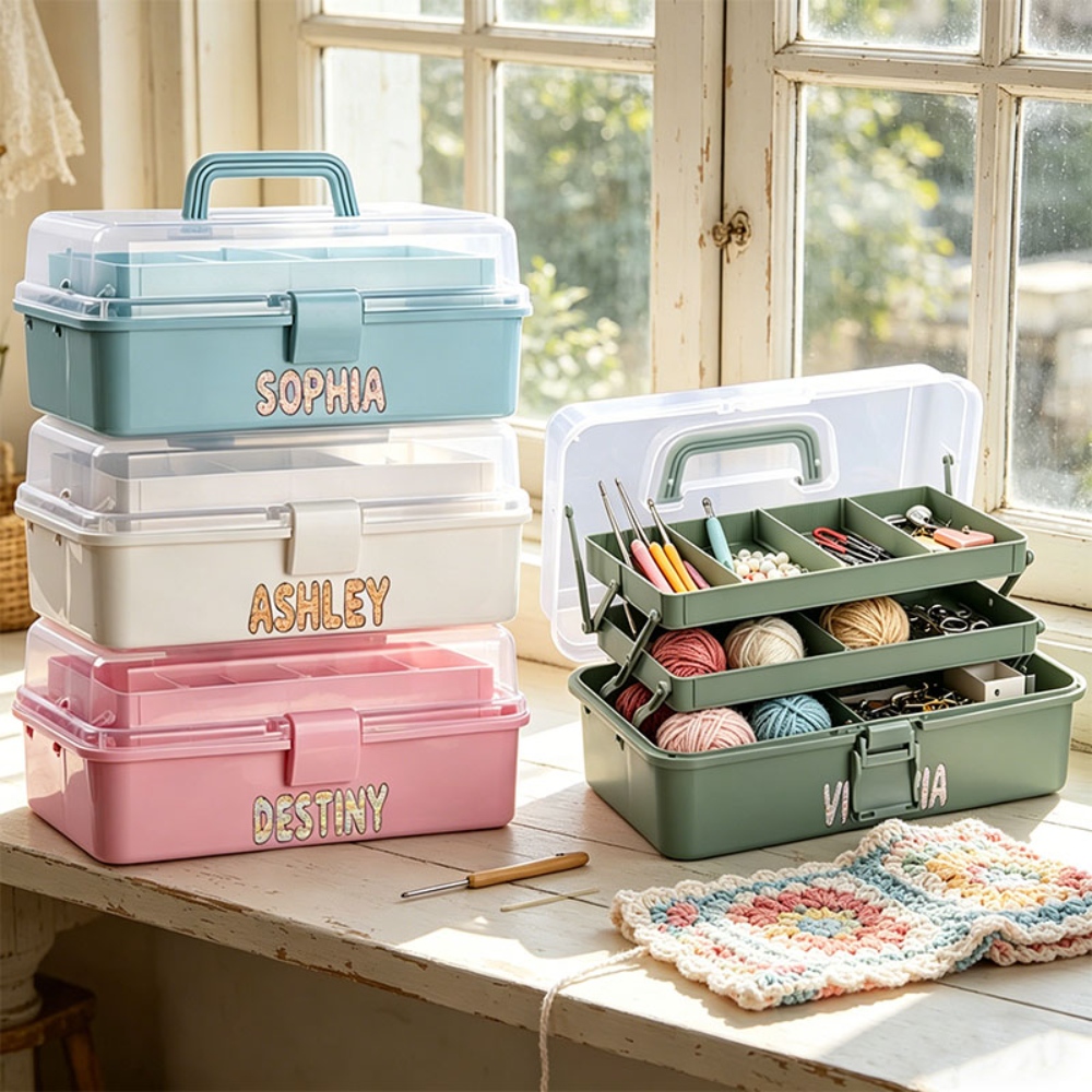 Personalized Crochet Hook Tackle Box Organizer, 3-Layer Craft Storage Box With 2 Trays & Handle, Multi-Purpose Organizer For Sewing, Nail Art, Makeup, Diamond Painting & Building Blocks