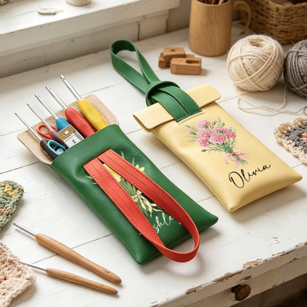 Personalized Crochet Tool Organizer, Leather Storage Case With Birth Flower Bouquet, Custom Name Crochet Kit With Lanyard