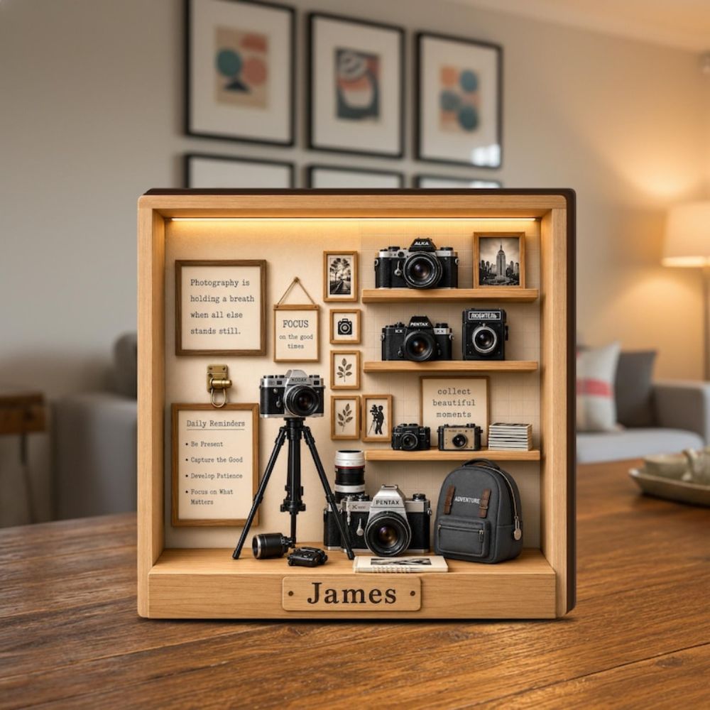 Personalized Photography Wooden Block, Photographer Gift, Camera Studio Decor, Vintage Camera Shadow Box, Photography Office Shelf Decor