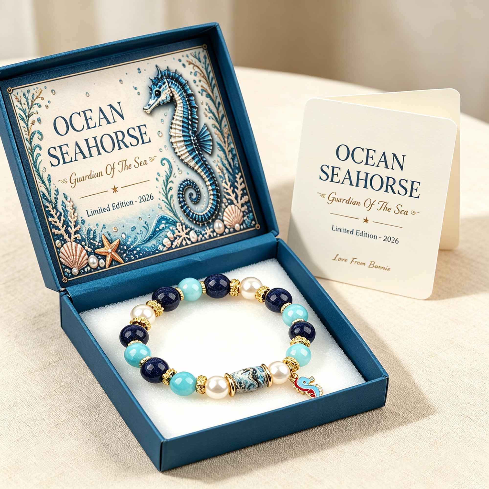 2026 Limited Edition Ocean Guardian Bracelet, Natural Blue Chalcedony, Sea Creature Charm Beaded Jewelry With Luxury Illustrated Gift Box & Greeting Card