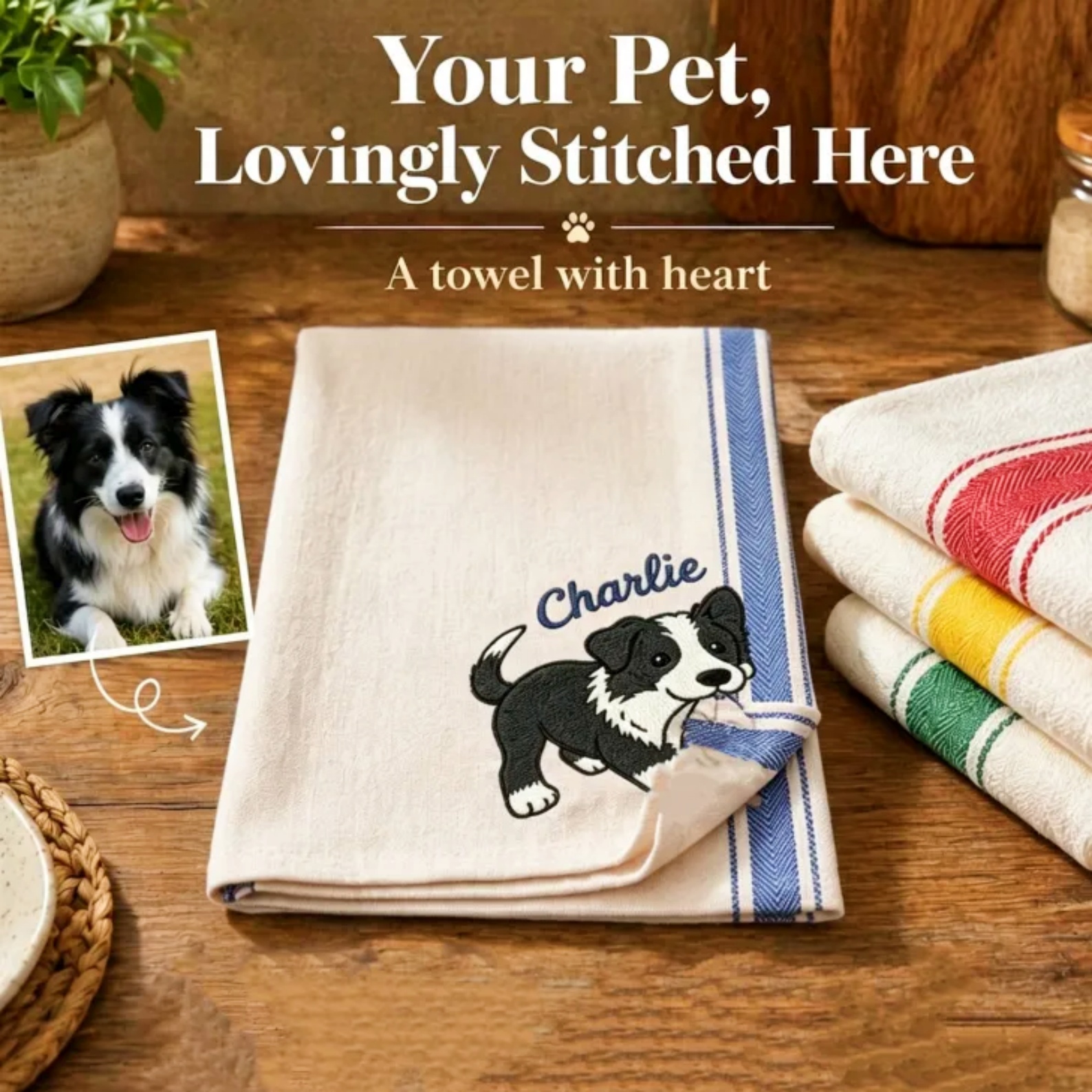 Personalized Embroidered Hand Towel With Dog And Cat, Customized Towel With Nickname For Bathroom And Kitchen