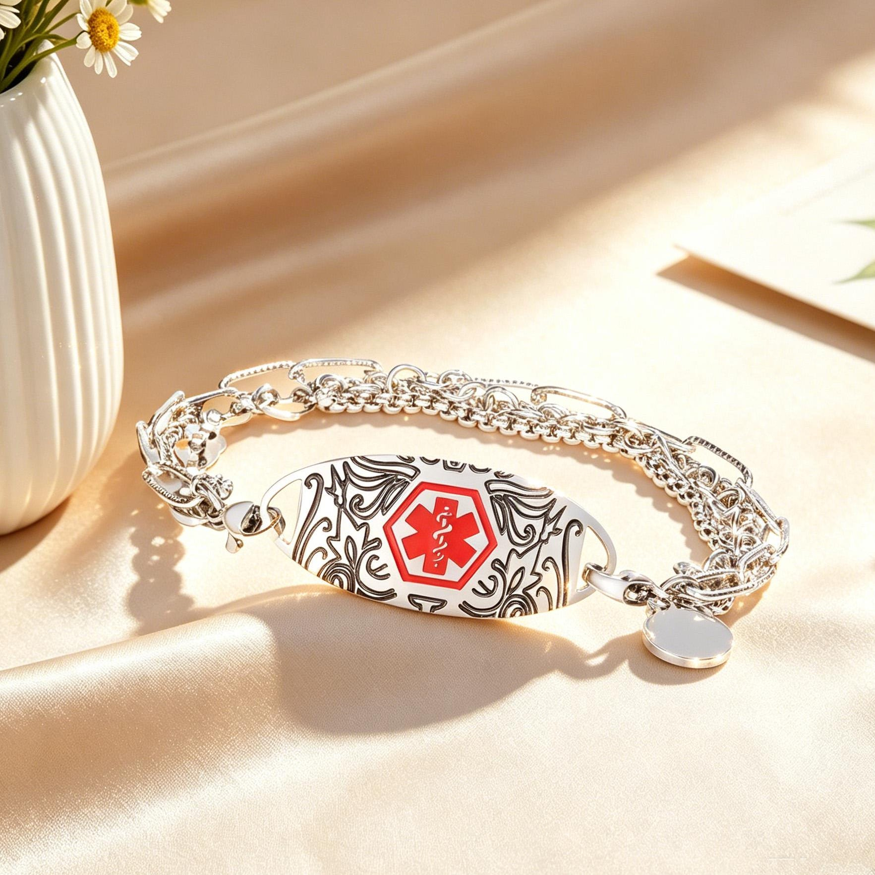 Custom Engraved Medical Alert Bracelet, Stainless Steel ID Band, Silver Tone, Girl Silver Medical Bracelet, Personalized Emergency Information