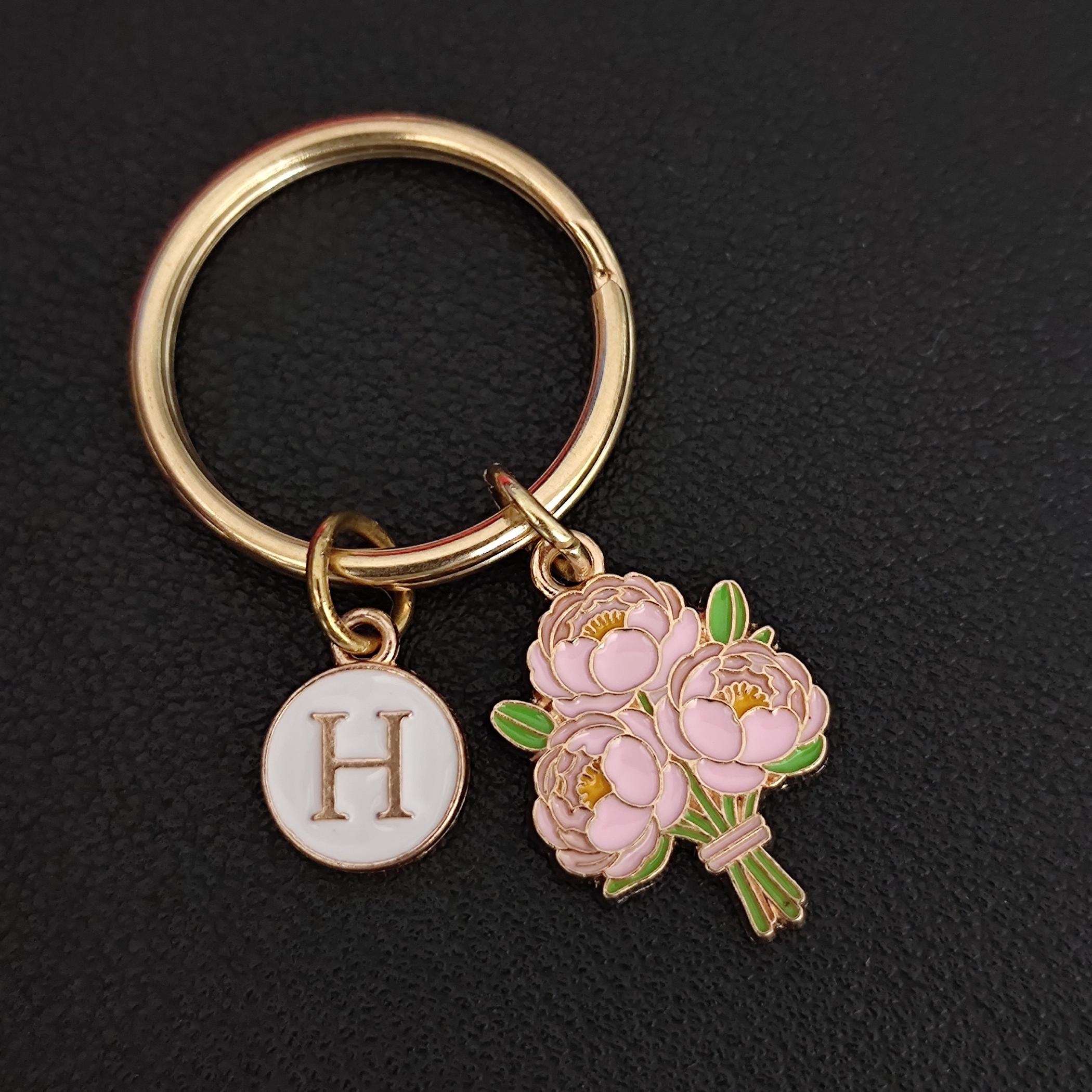 Peony Bouquet Keychain, Personalized Flower Keyring