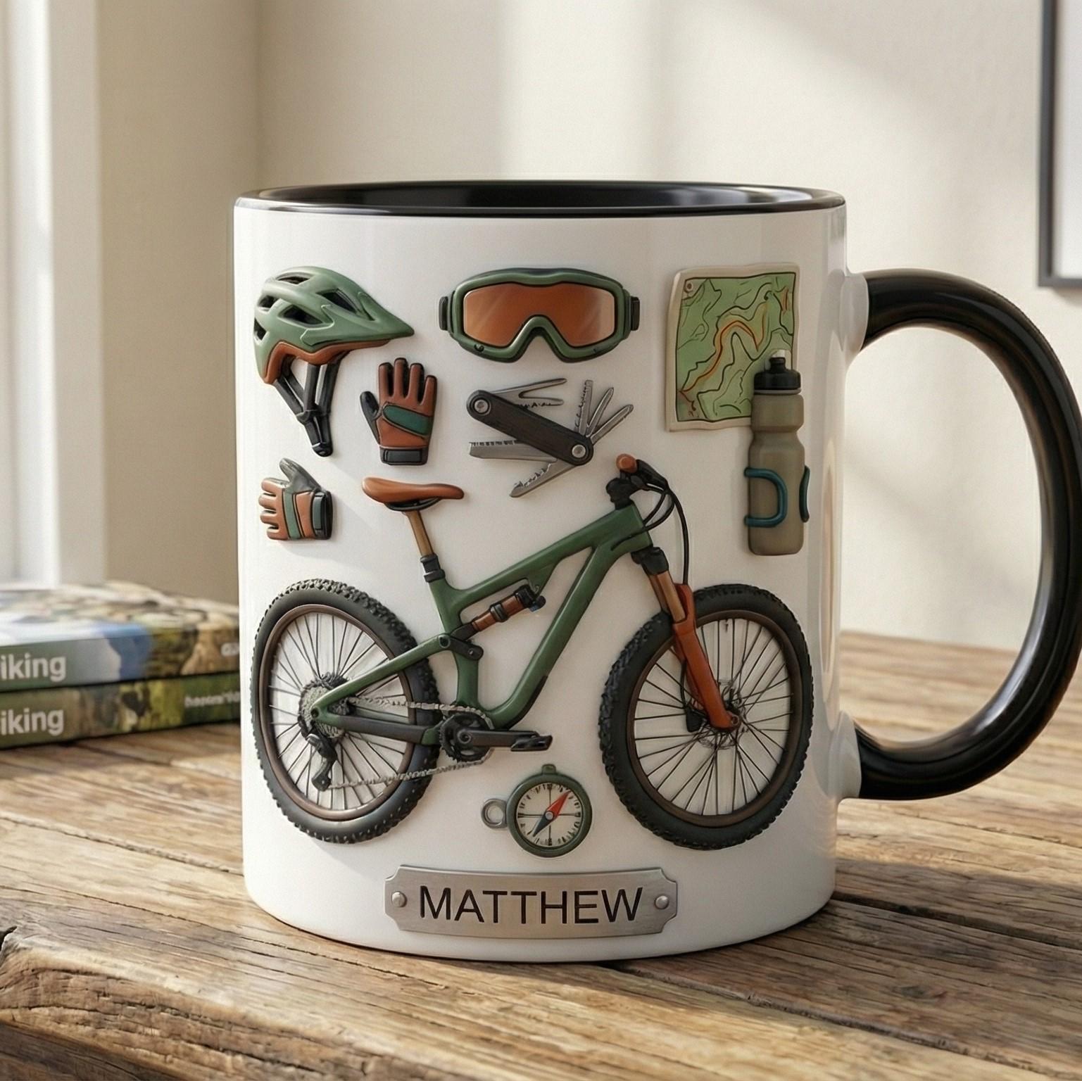 Personalized Mountain Bike Mug, Custom Name Cycling Gift, MTB Coffee Cup, Biker Gift for Men, Outdoor Adventure Cycling Lover Mug