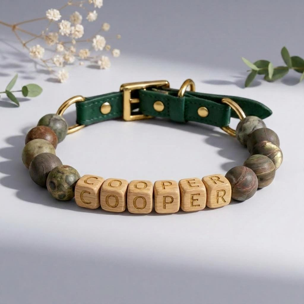 Personalized Natural Stone Dog Collar, Leather Wood Name Beads, Adjustable artisan Pet Accessory