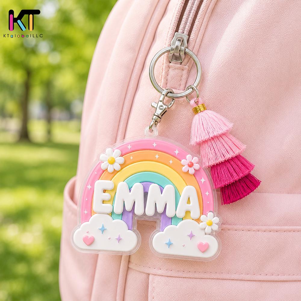 Personalized Rainbow Backpack Name Tag, Custom Girls Backpack Keychain, Kids School Bag Tag, Back to School Gift, Diaper Bag Charm