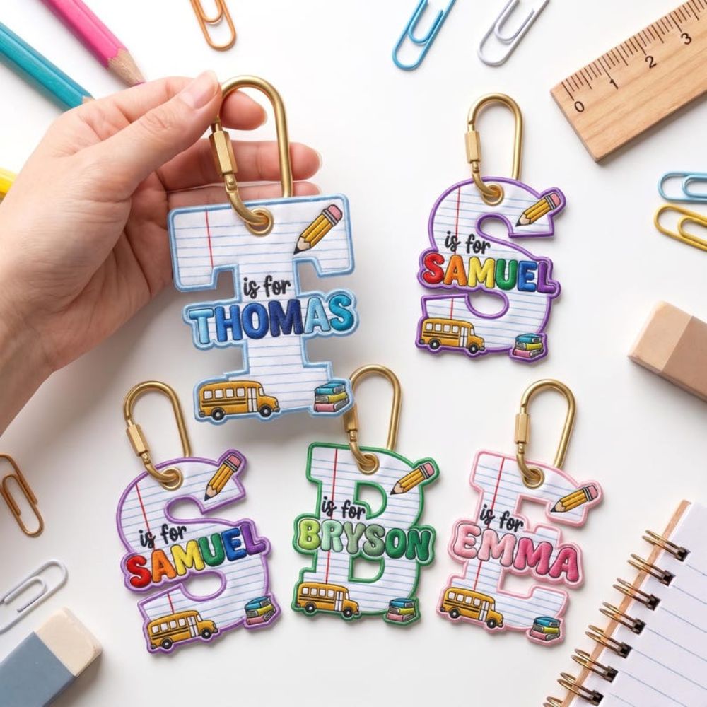 Personalized Back to School Keychain, Custom Name Embroidered Backpack Tag, School Bus Initial Keyring, Cute Kindergarten First Day Gift