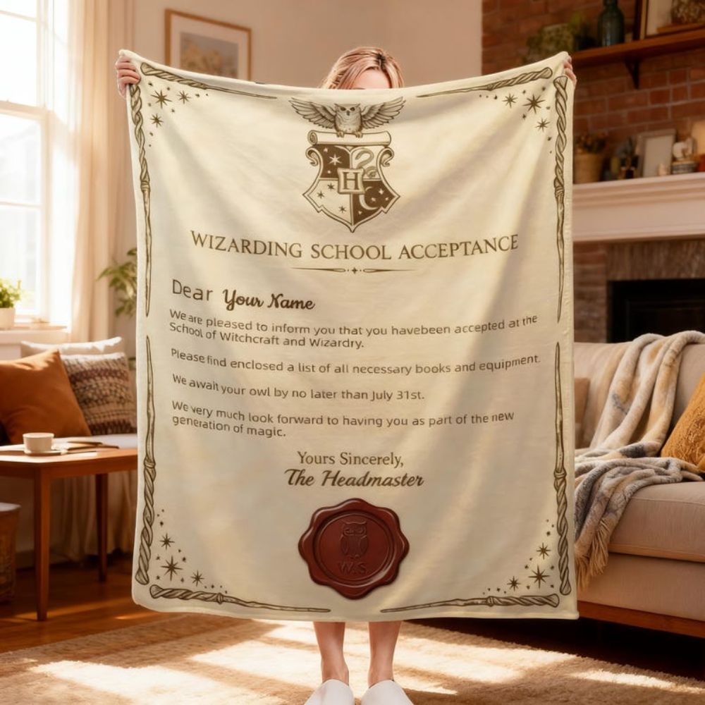 Personalized Wizard Acceptance Letter Blanket, Custom Magic School Admission Throw, Vintage Scroll Name Blanket, Academy Student Gift