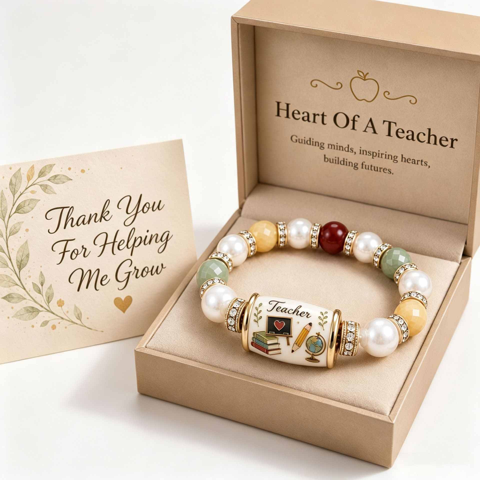 Heart Of A Teacher Beaded Bracelet, Meaningful Teacher Appreciation Gift With Luxury Gift Box & Thank You Card, Ideal Teacher’s Day