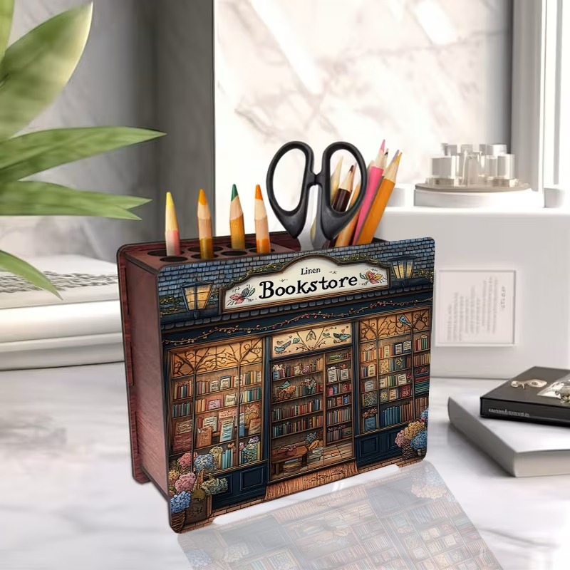 Custom Vintage Bookstore Wooden Pen Holder, Book Lover Desk Decor, Bookish Stationery Organizer, Wooden Pen Caddy for Office Supplies