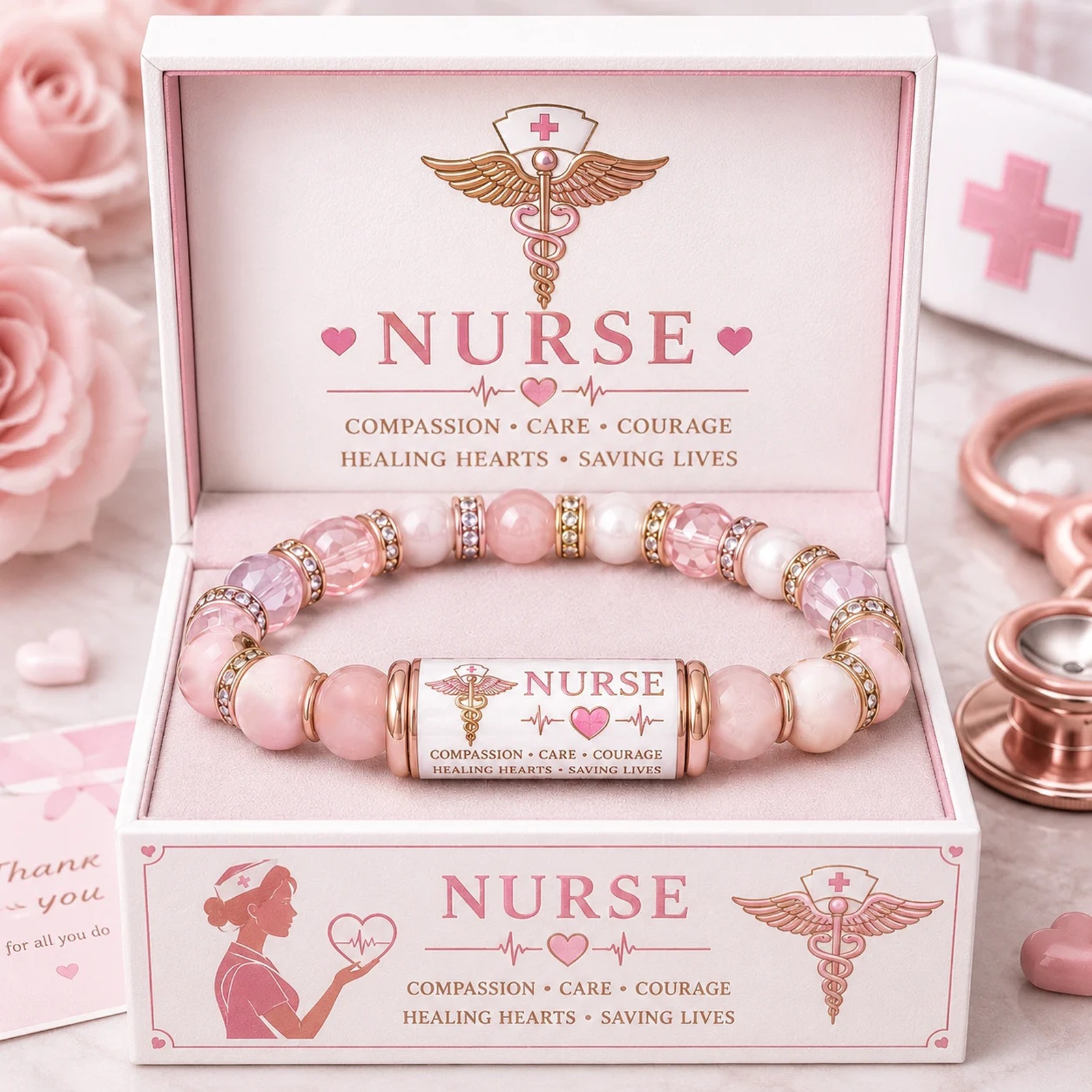 Personalized Nurse Bracelet Pink Rose Quartz Beaded Jewelry, Nurse Week Healing Care Bracelet
