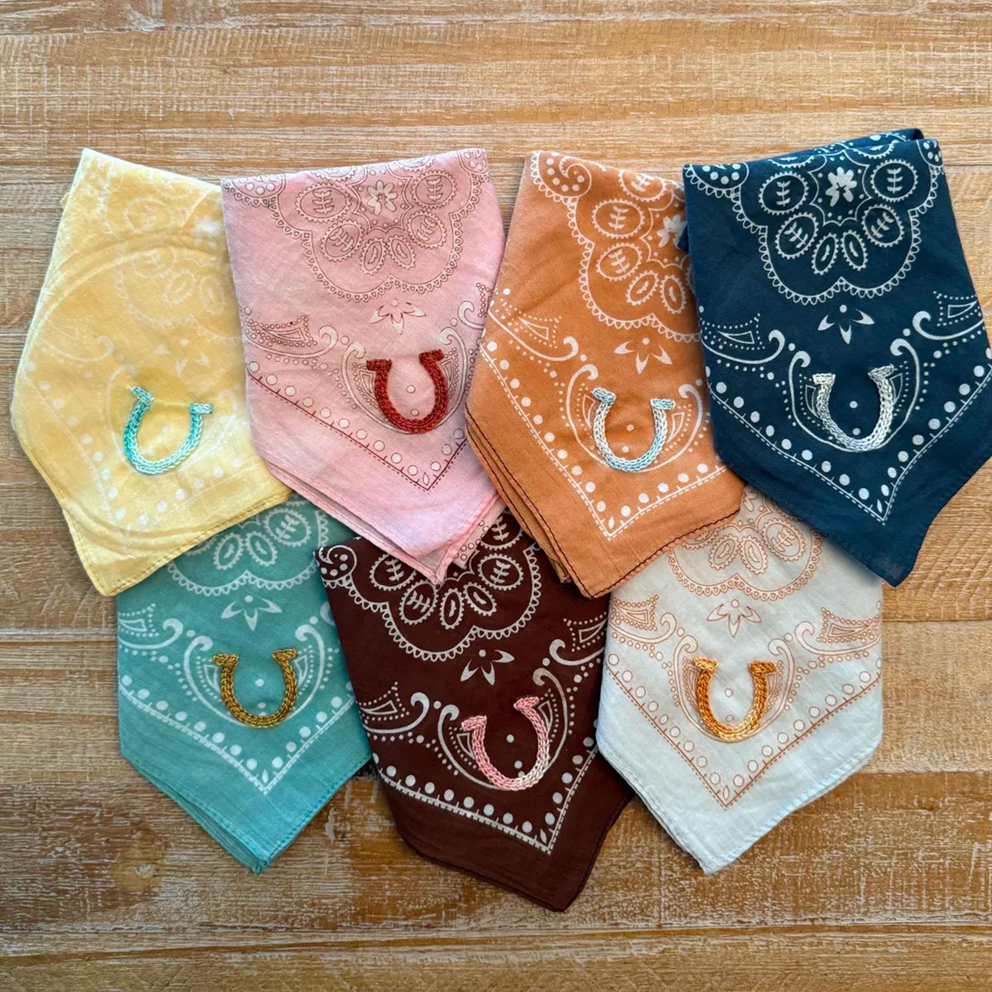 Custom Horseshoe Chain‑Stitch Embroidered Bandana with Initials, Cotton Paisley Western Square Scarf, Equestrian Accessory, Gift for Riders/Him/Her