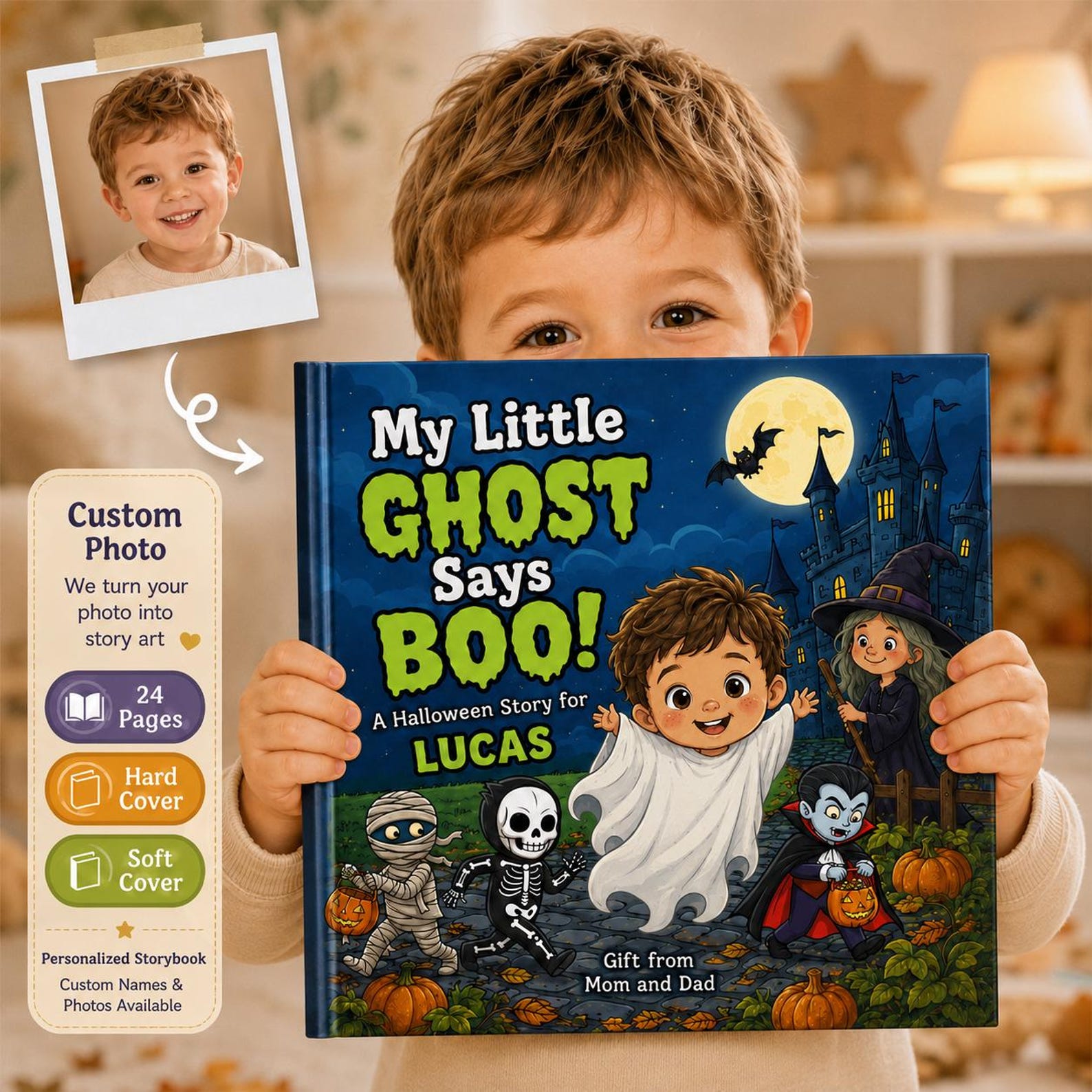 Personalized Halloween Storybook, Custom Photo Kids Book, Little Ghost Gift for Boys Girls and Toddlers