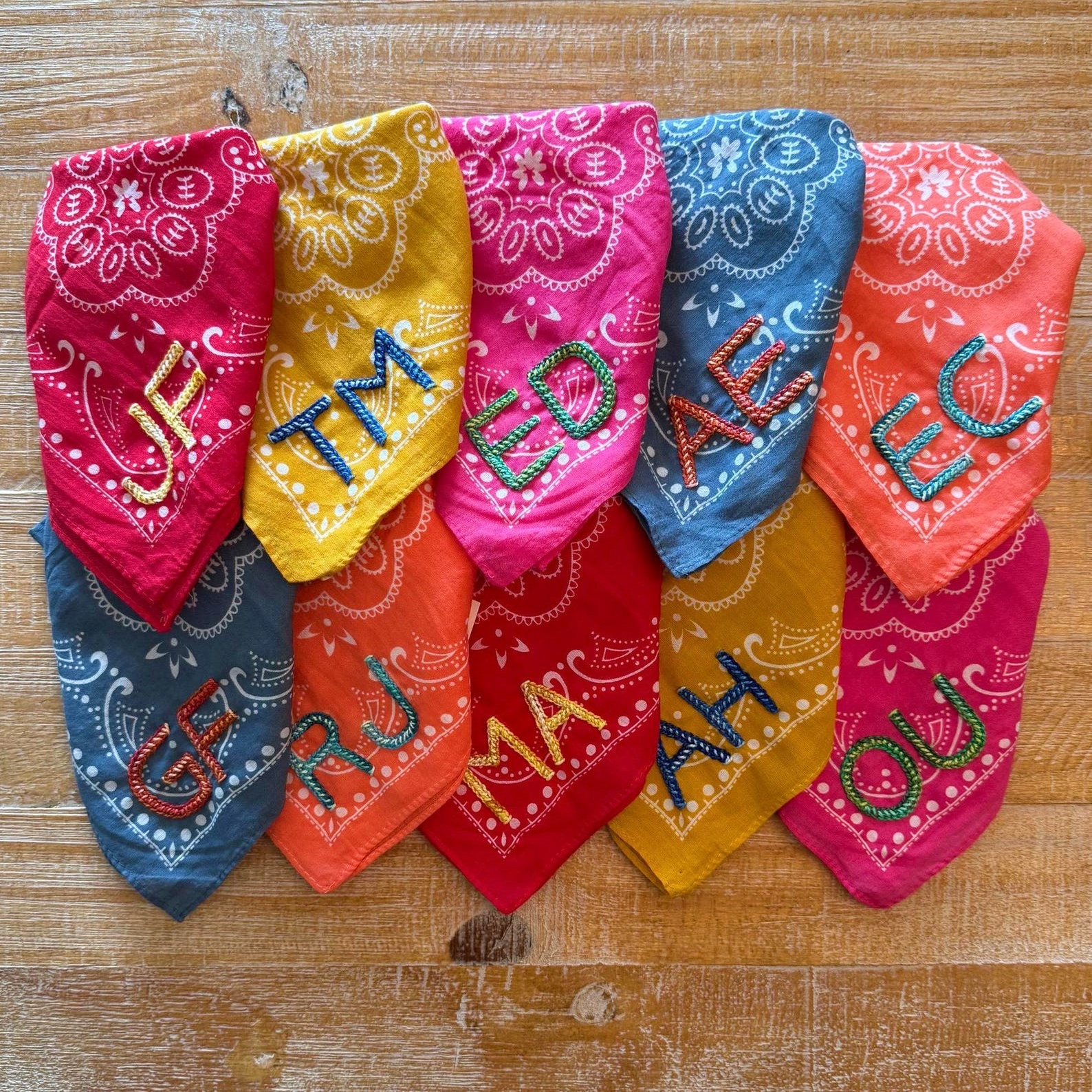 Double Chain Stitch Hand Embroidered Cotton Bandana, Custom Initials and Names, Bachelorette Gift, Pet Gifts