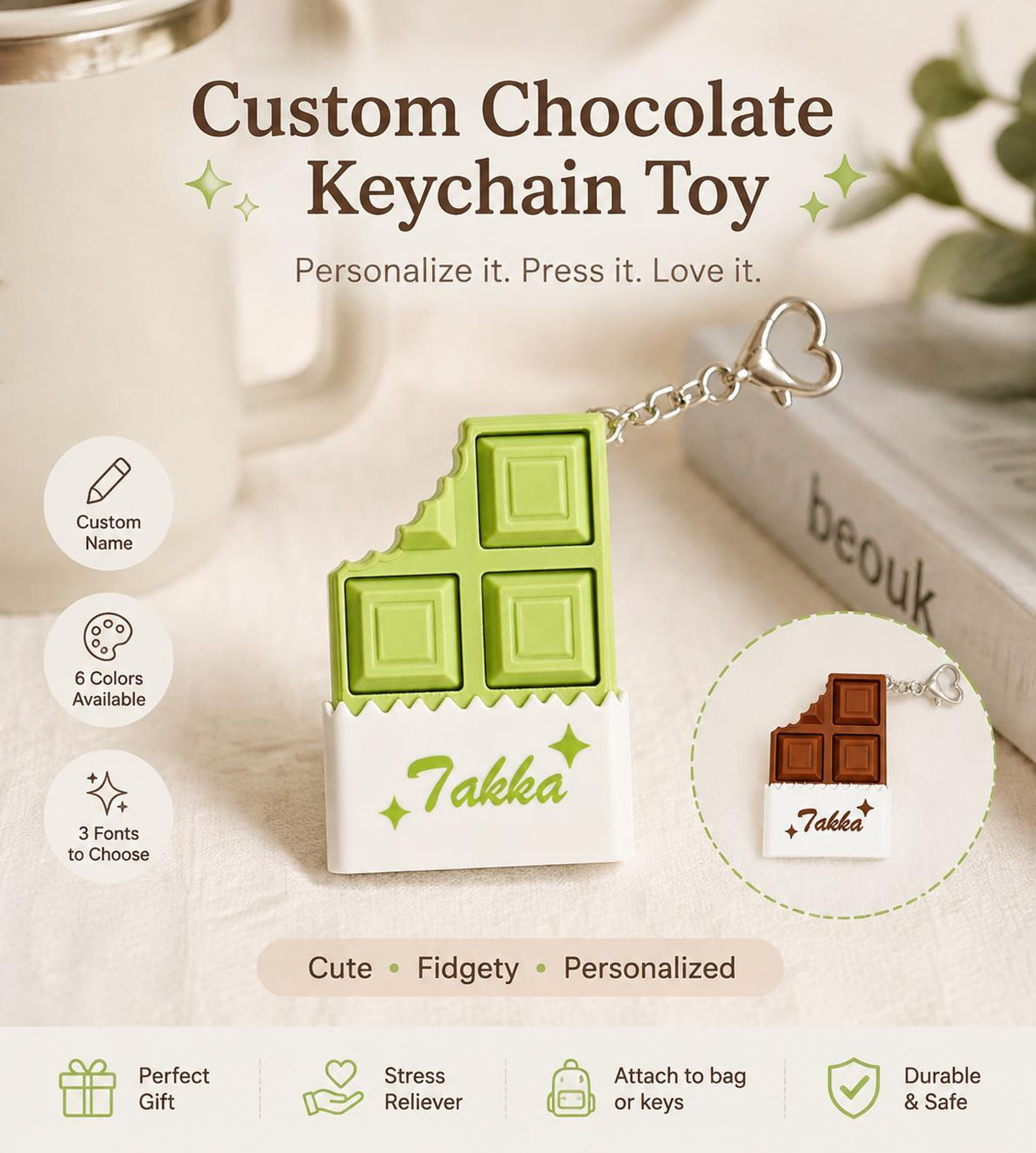 Personalized Chocolate Bar Fidget Keychain, Custom Name Candy Gift, 3D Printed Stress Relief Toy, Cute Desk Accessory, Birthday Gift