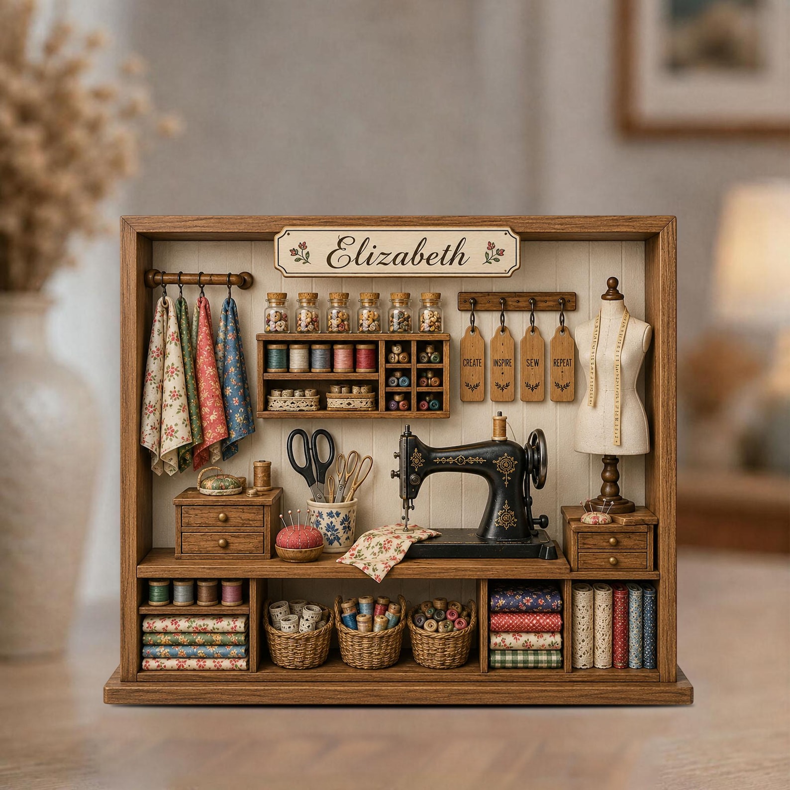 Personalized Sewing Room Shadow Box, Custom Quilting Wooden Block Decor, Sewing Machine Shelf Sitter, Seamstress Gift, Quilter Studio
