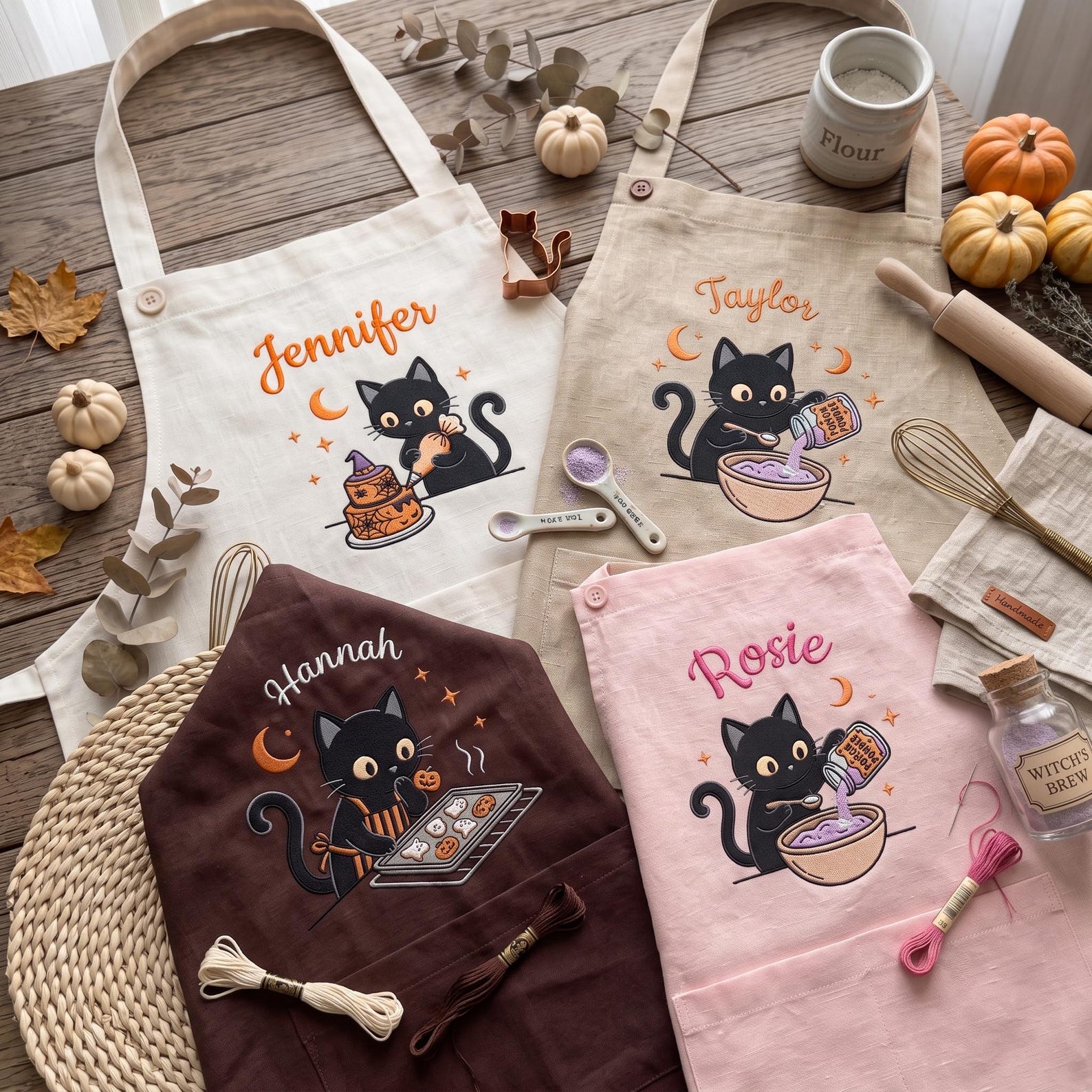 Custom Embroidered Black Cat Halloween Apron, Personalized Name Apron for Cat Lovers, Cute Spooky Kitchen Chef Apron with Pockets, Baking Gift
