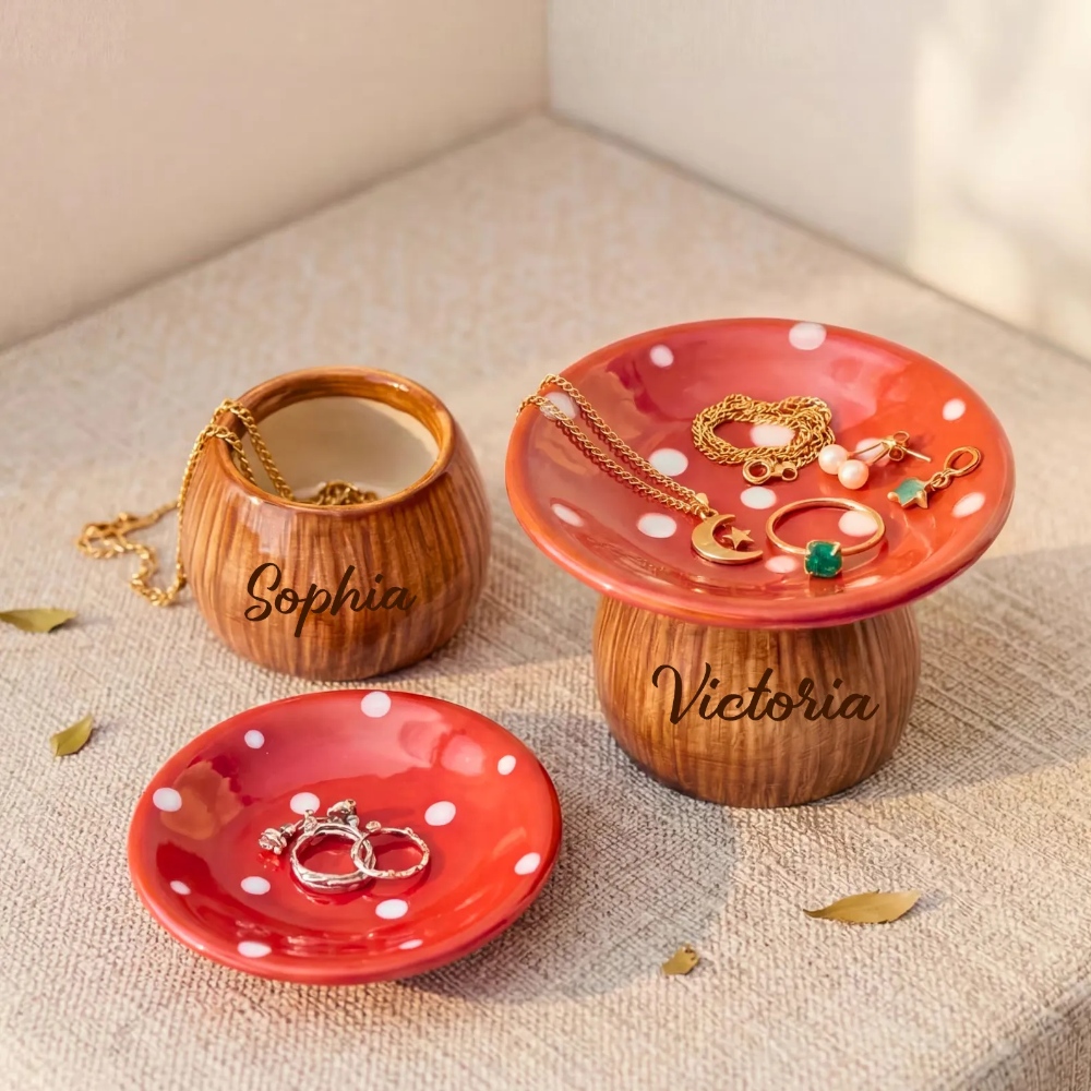Personalized Mushroom Jewelry Tray Ceramic Trinket Dish Set Handcrafted Toadstool Ring Holder Cottagecore Vanity Decor Gift for Her