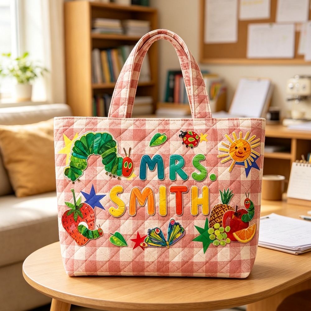 Personalized Caterpillar Teacher Quilted Tote Bag Custom Name Bug Classroom Bag Back To School Teacher Gift
