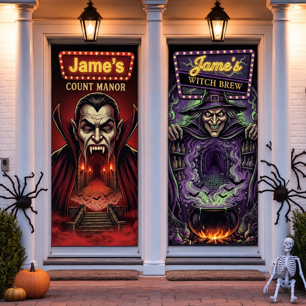 Personalized Halloween Pattern Banner Door Cover With Name, Home Decor Halloween Party Gift For Family Friend