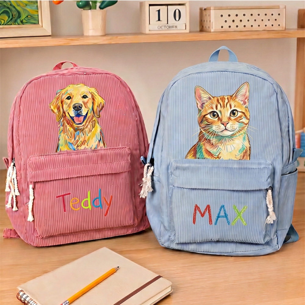 Personalized Corduroy Backpack, Custom Photo Portrait Family Besties Dog Cat Hand-Drawn Keepsake Bag