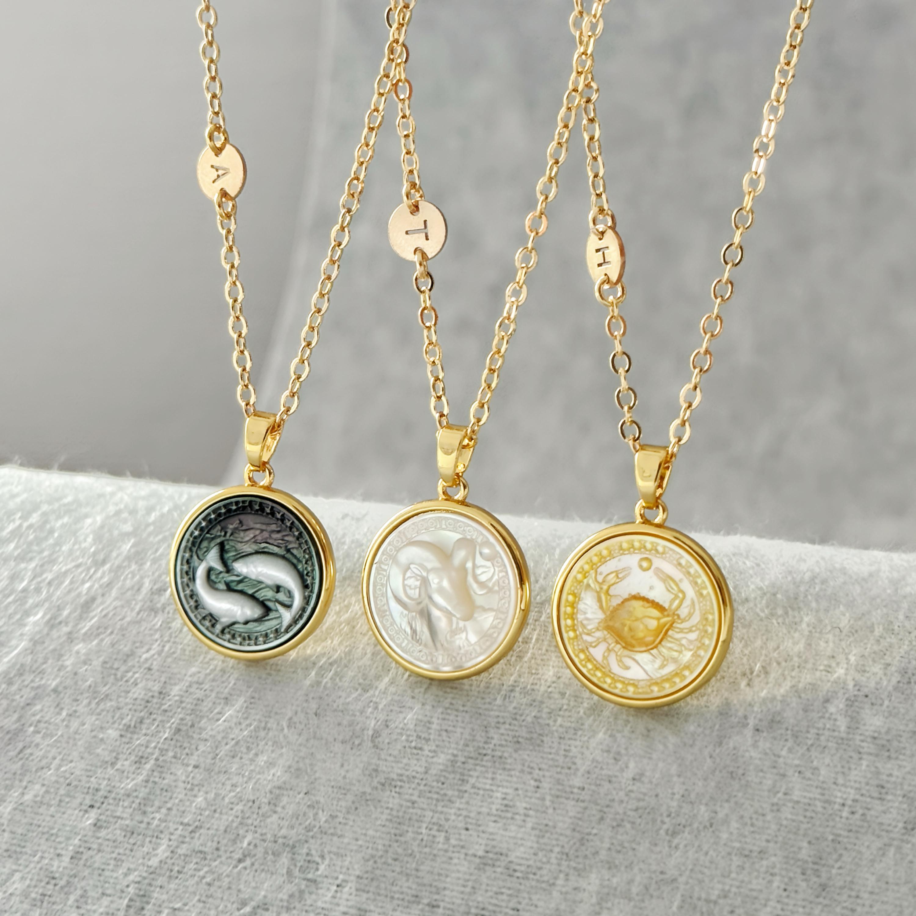 Mother of Pearl Zodiac Necklace with Custom Side Initial Disc Carved Shell Personalized Jewelry Gift