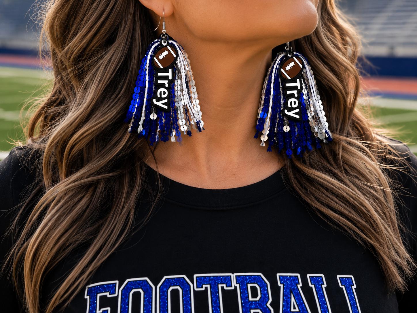 Custom Football Pom Pom Earrings | Personalized Name, Team Spirit Sequin Jewelry