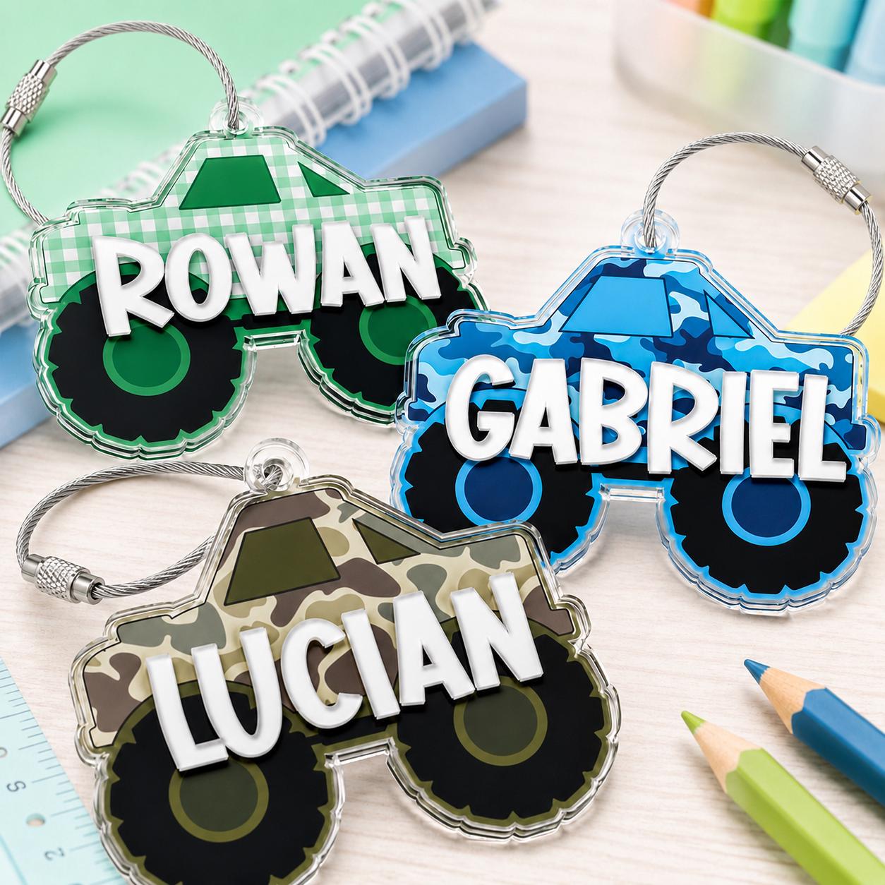 Personalized Truck Backpack Name Tag, Custom Acrylic Bag Tag for Kids, Back to School Basket Tag, Daycare Name Tag