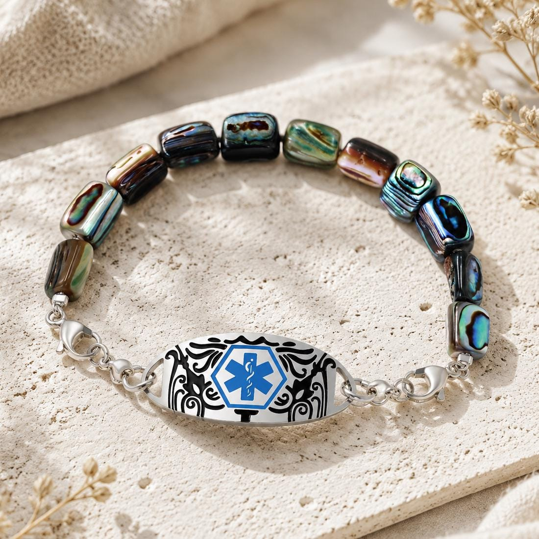 Custom Medical Alert Bracelet, Natural Abalone Shell Emergency ID Bracelet, Personalized Stainless Steel Medical ID Jewelry Gift