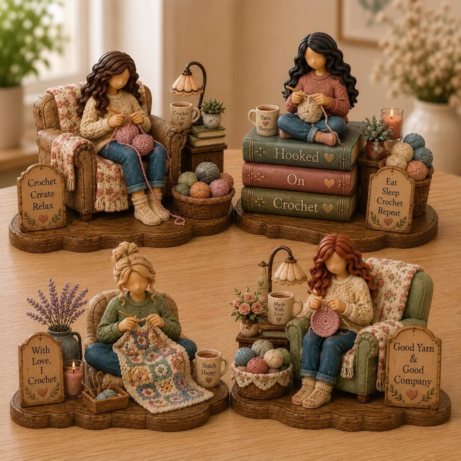 Personalized Crochet Girl Shelf Sitter Wooden Decor, Custom Granny Square Table Decor, Gift for Crochet & Knitting Lovers Craft Room Ornament