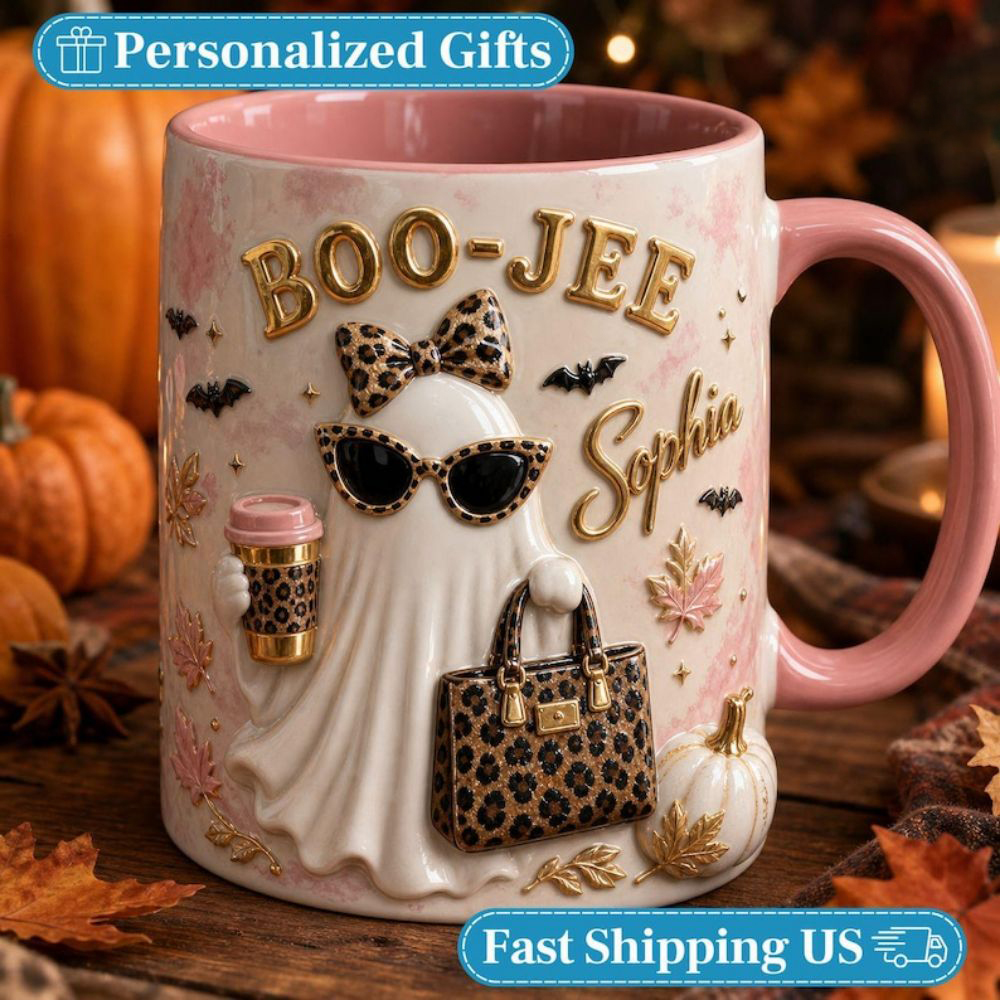 Personalized Boo Jee Mug, Leopard Ghost Coffee Mug, Boujee Halloween Mug, Custom Name Leopard Mug, Trendy Boujee Fall Gift