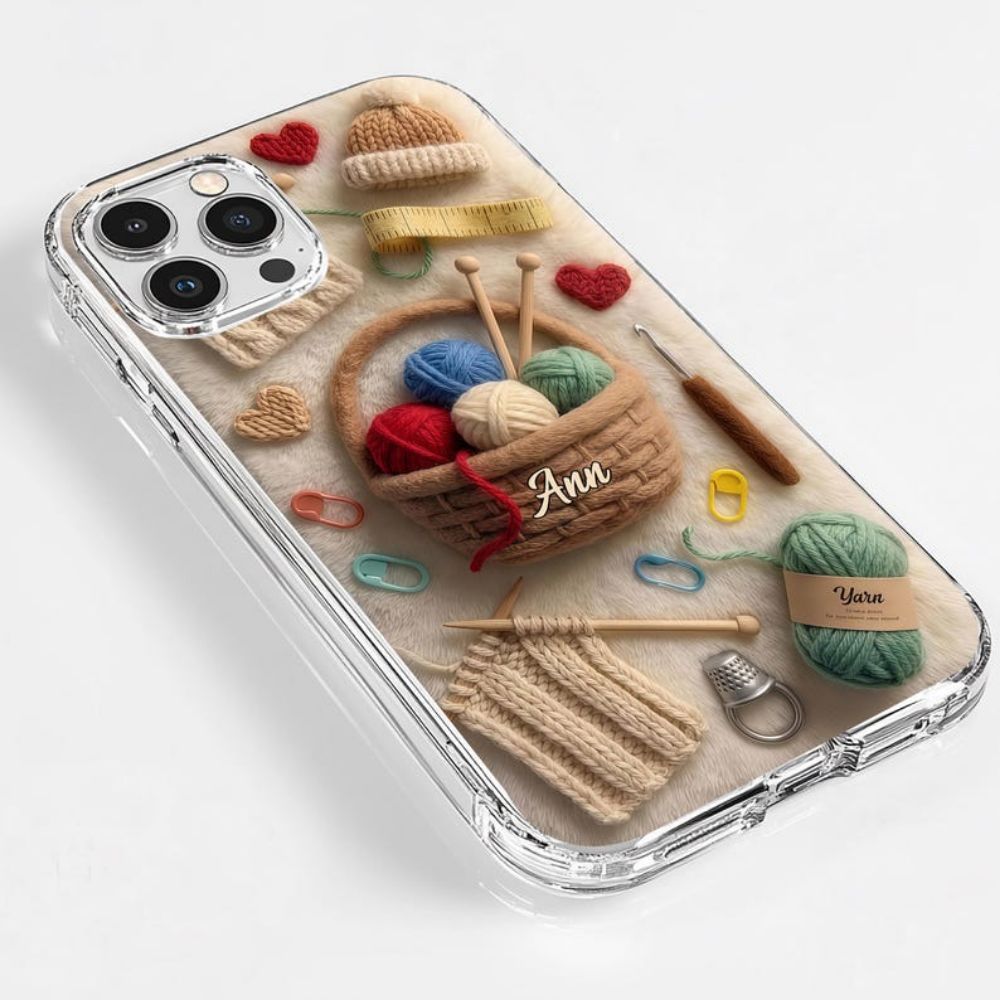 Personalized Yarn And Knitting Needles Clear Phone Case, Custom Name Cozy Crochet Aesthetic Clear Cover, Cute Knitting Craft Lover Gift