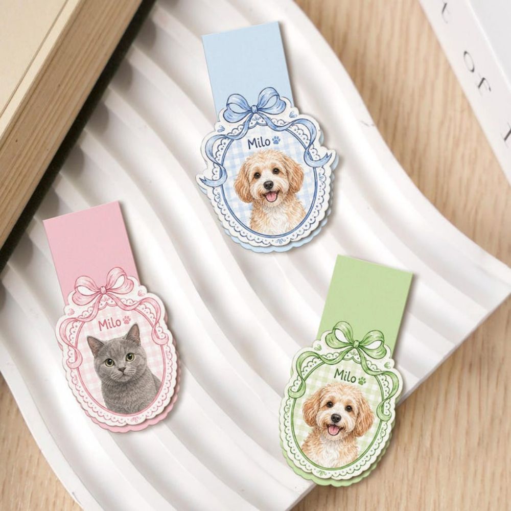 Personalized Pet Portrait Magnetic Bookmark: Custom Dog Cat Name, Gingham Bow Page Clip