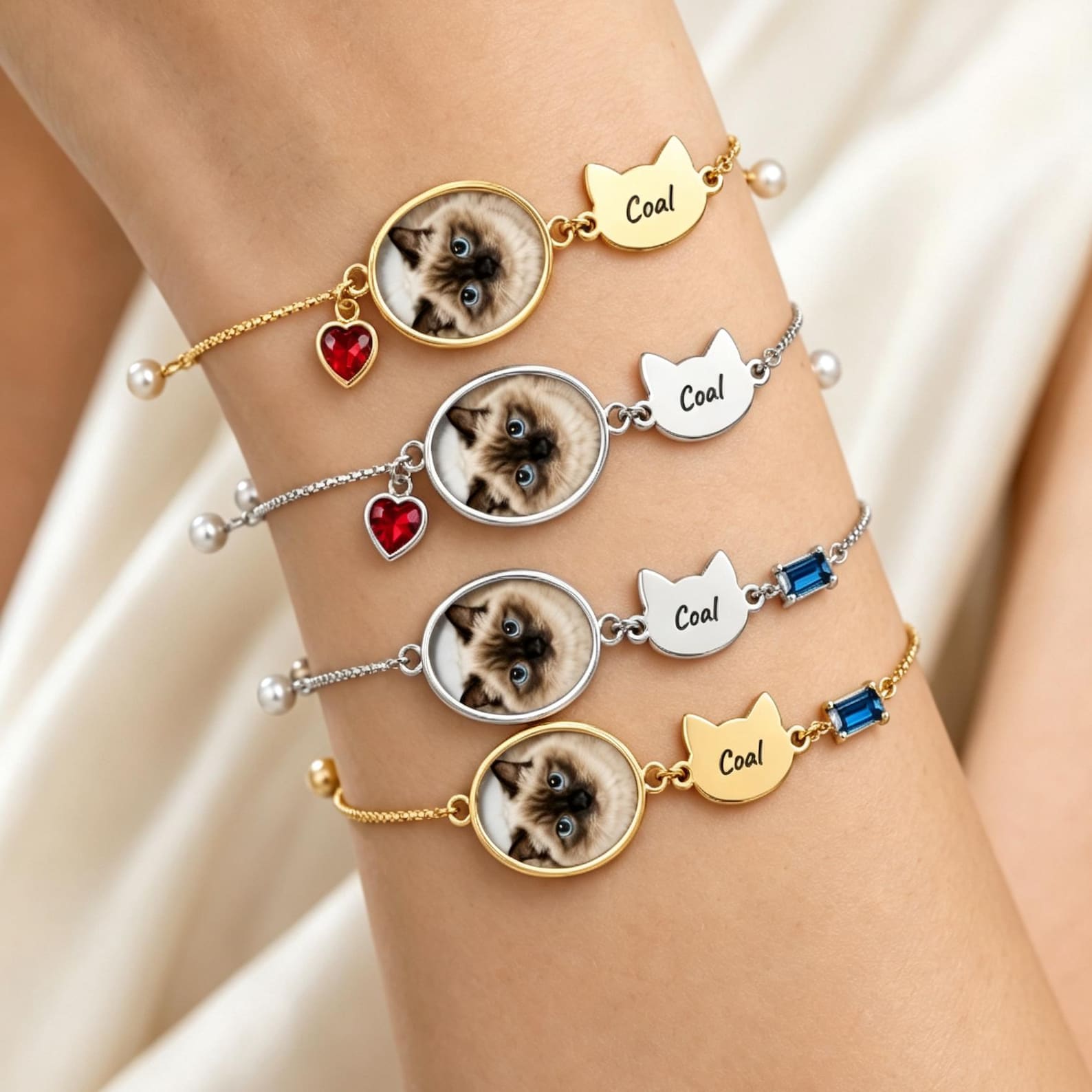 Personalized Pet Photo Bracelet, Custom Cat Portrait Jewelry with Engraved Name & Birthstone, Pet Memorial Gift for Cat Mom, Remembering Pet