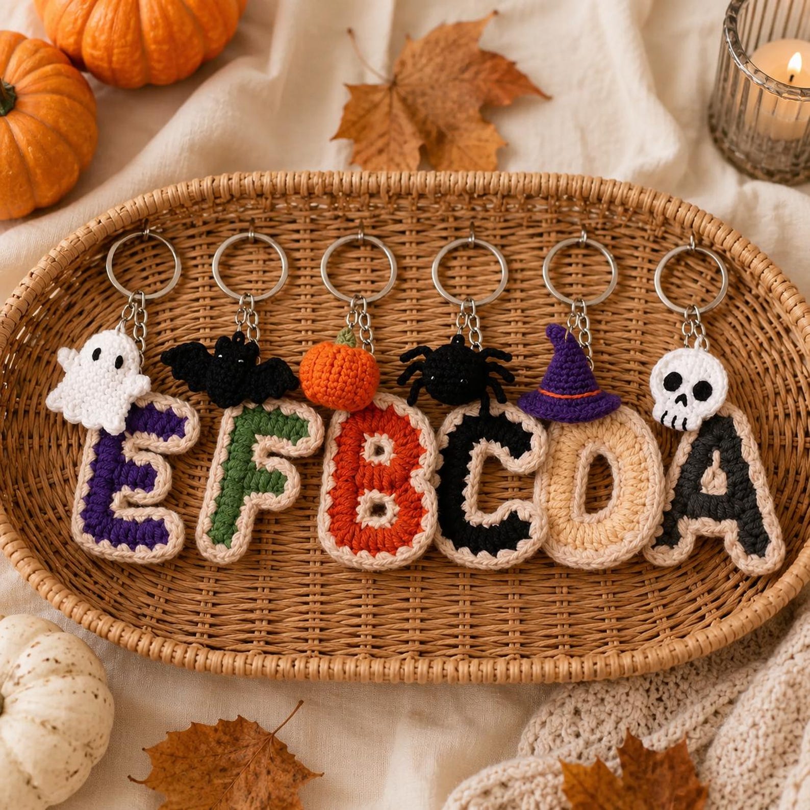 Personalized Halloween Crochet Letter Keychain, Handmade Initial Keychain, Custom Name Charm Cute Cottagecore Gift