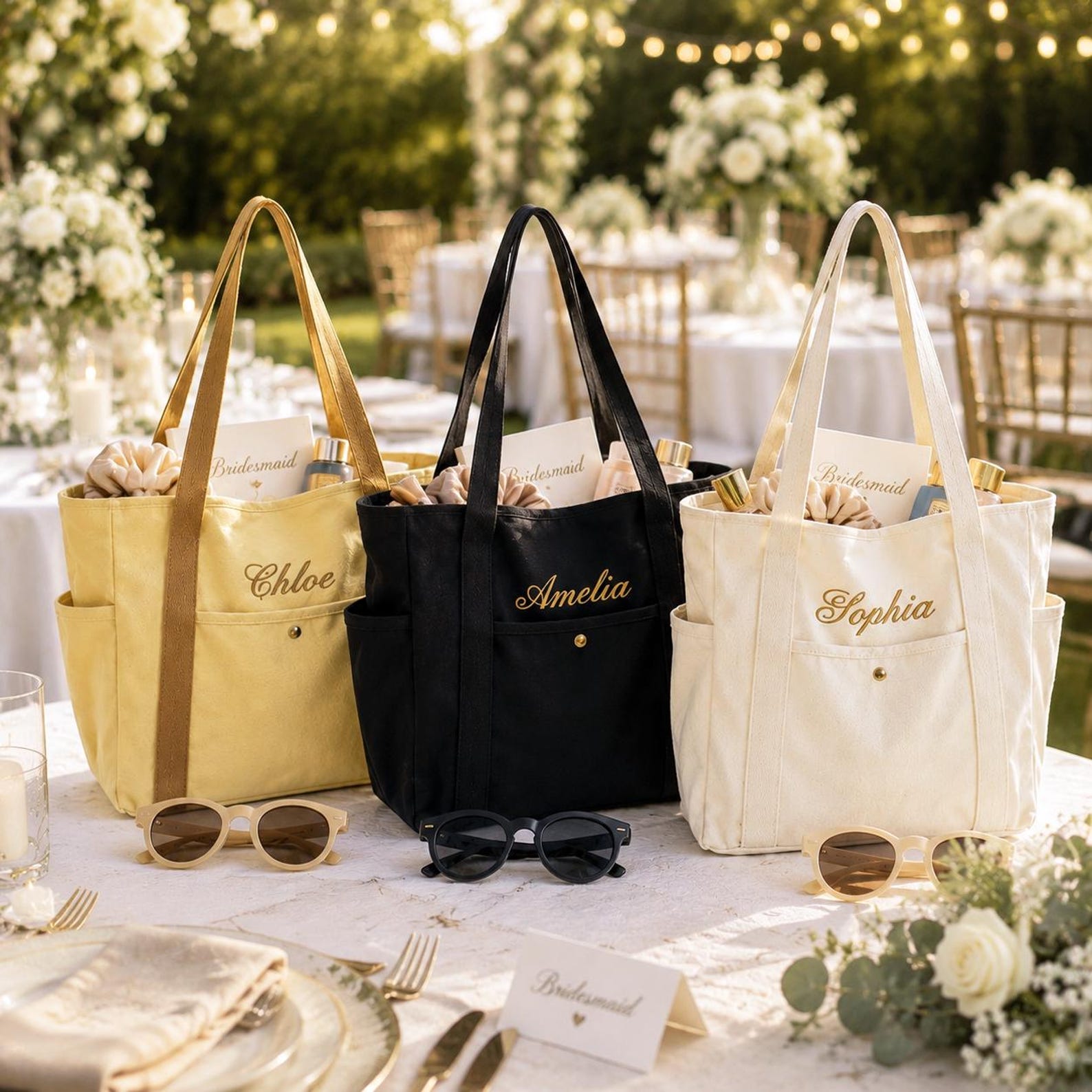 Custom Embroidered Bridesmaid Tote Bag, Personalized Canvas Beach Bag With Initial Ribbon, Wedding Gift For Bridesmaids, Bridal Party Tote