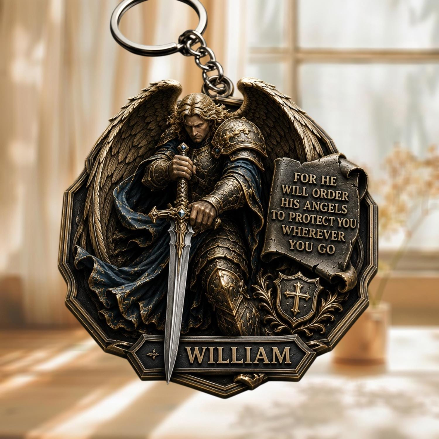 Personalized Archangel Michael Keychain, Custom Christian Keychain, Guardian Angel Keyring, Scripture Keepsake, Religious Gift for Men