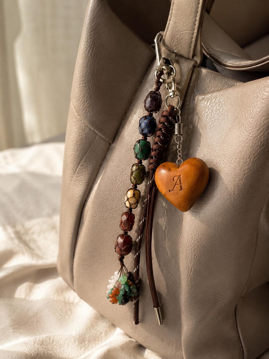Bag Charm Keychain, Handmade Beaded Natural Gemstone Purse Charm with Personalized Wooden Heart, Boho Keychain Accessory, Gifts for Friend