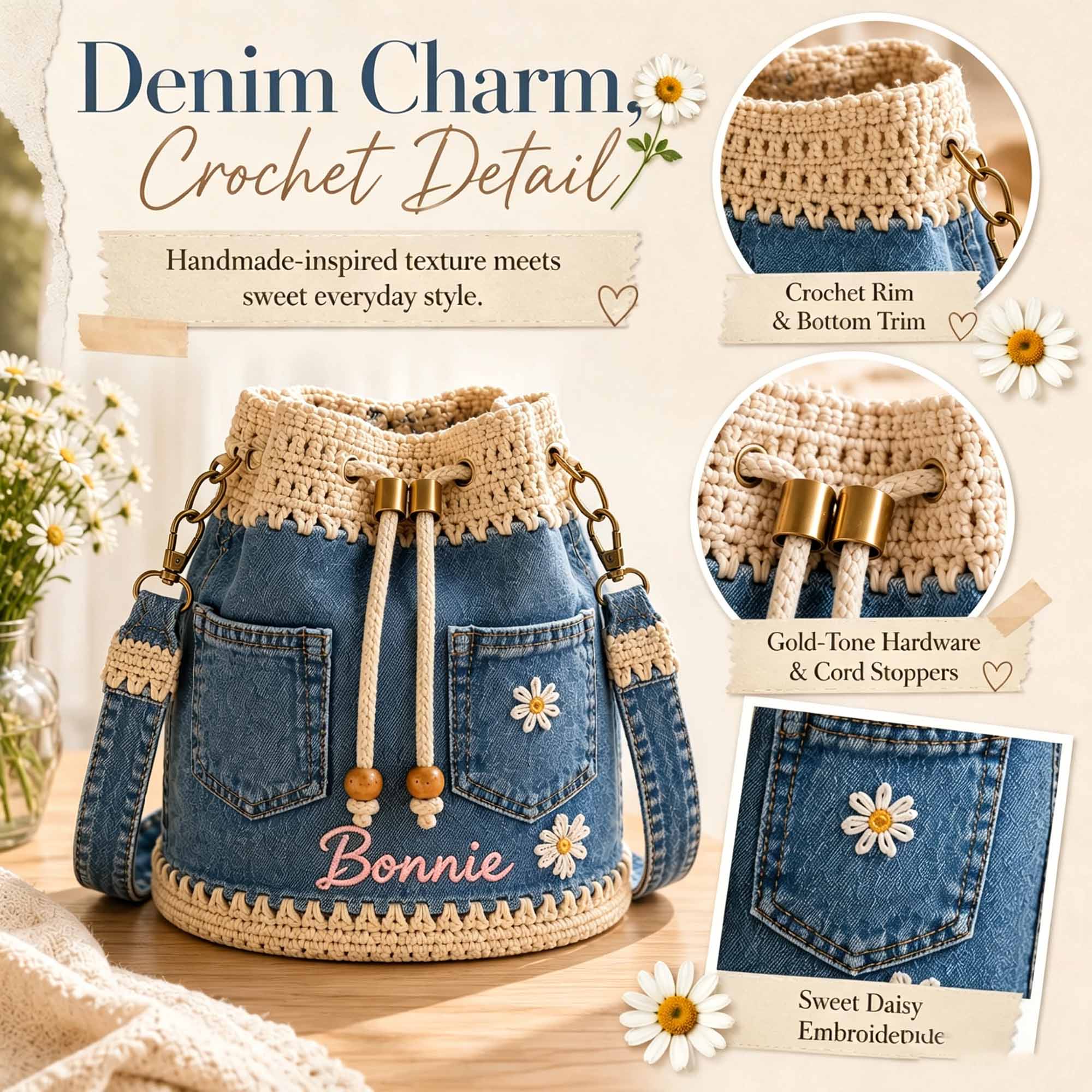 Personalized Embroidered Daisy Denim Bucket Bag, Custom Name Crossbody Purse Gift For Her