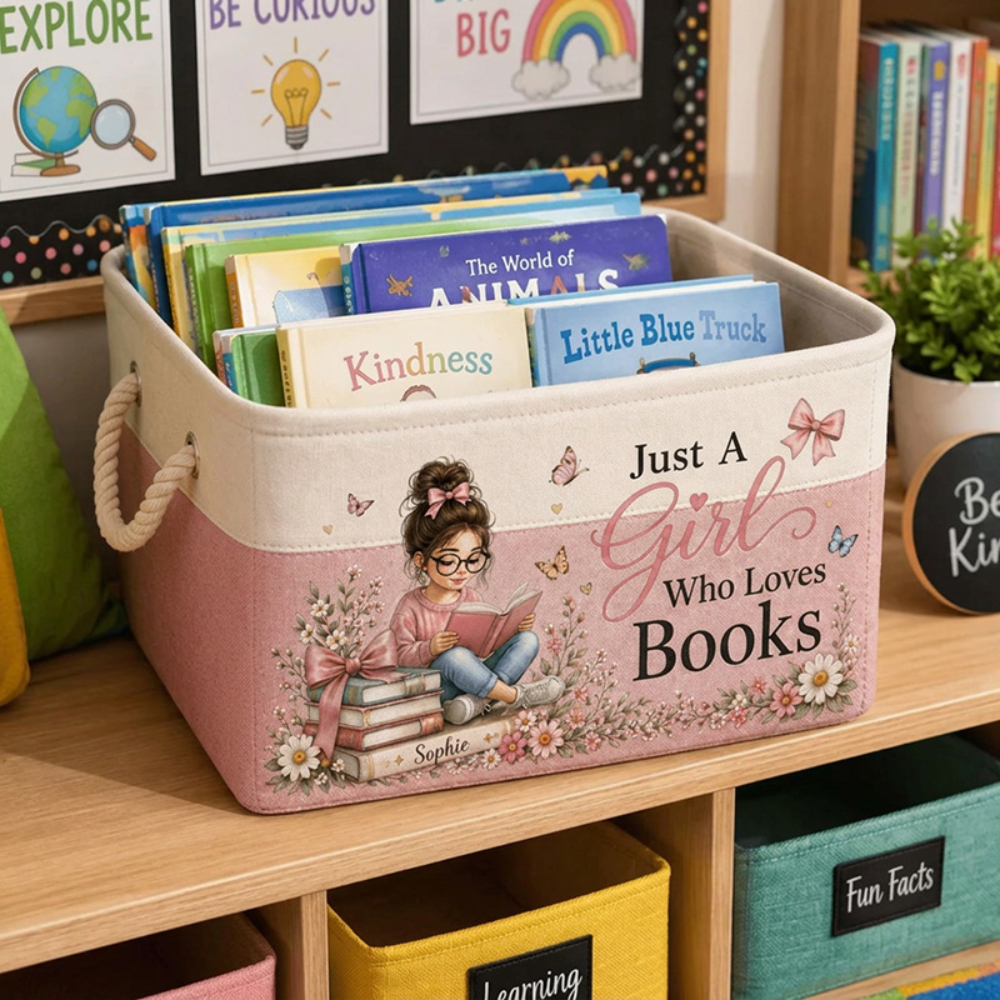 Personalized Book Storage Bin, Custom Name Fabric Organizer For Kids Library Classroom Nursery Toy Basket