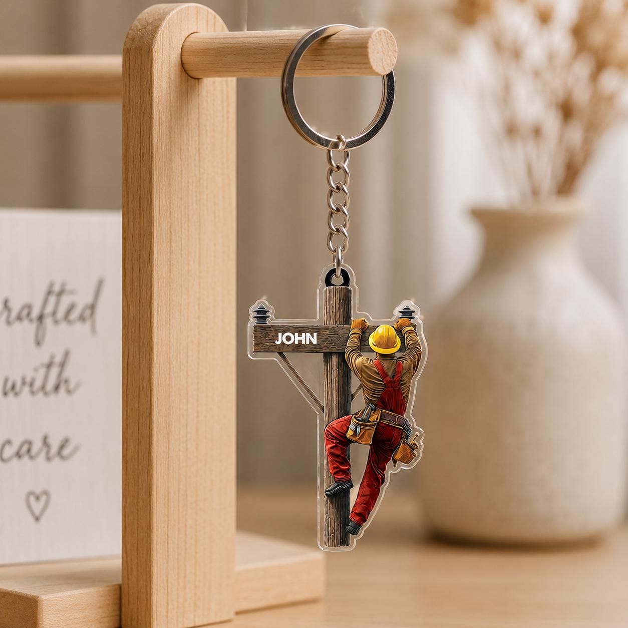 Personalized Lineman Acrylic Keychain, Custom Utility Worker Gift, Electrical Lineman Keepsake with Name