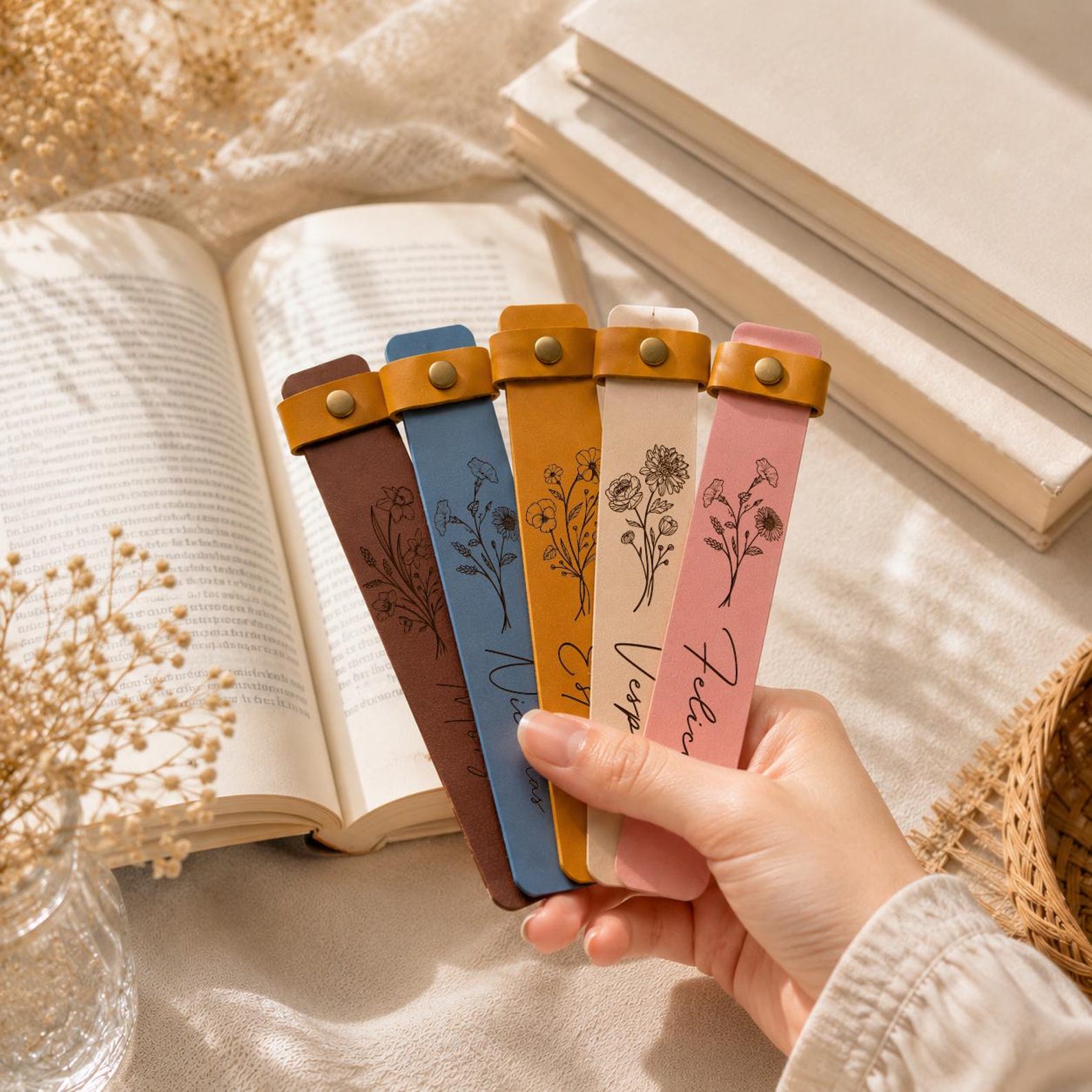Personalized Birth Flower Leather Bookmark, Custom Name Engraving, Reading Gift, Birthday Keepsake for Book Lover, Teacher Gift