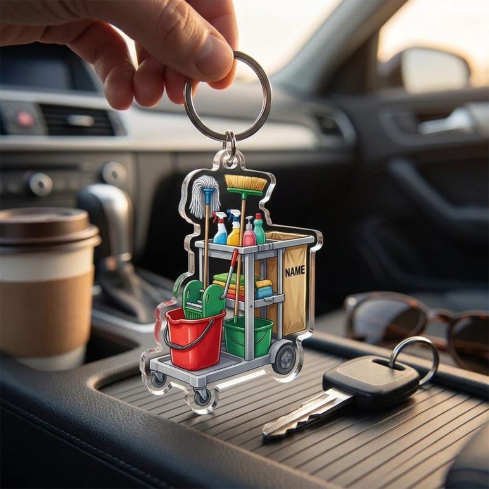 Personalized Cleaning Cart Acrylic Keychain, Custom Housekeeper Appreciation Gift